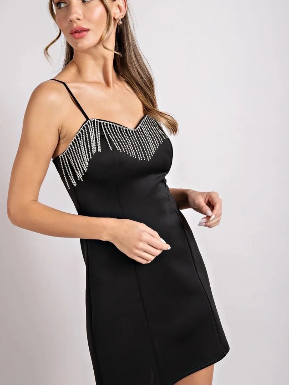 NWT Sleek Black Spaghetti Strap Body Con Dress with Rhinestone Fringe